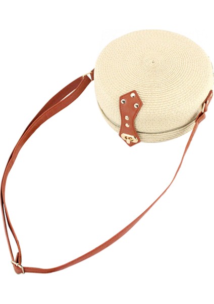 Kadın Yaz Yuvarlak Hasır Omuz Çantaları Rattan Çanta El Dokuma Plaj Crossbody (Bej) (Yurt Dışından)