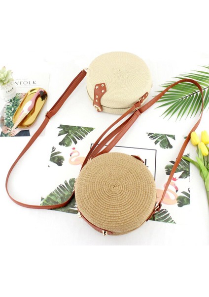 Kadın Yaz Yuvarlak Hasır Omuz Çantaları Rattan Çanta El Dokuma Plaj Crossbody (Bej) (Yurt Dışından) fiyatları