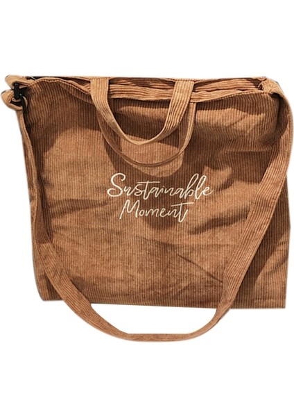 Kadın Kadife Kanvas Rahat Omuz Çantası Alışveriş Crossbody Moda Retro Edebi Nakış Mektup Çanta (Kahverengi) (Yurt Dışından)