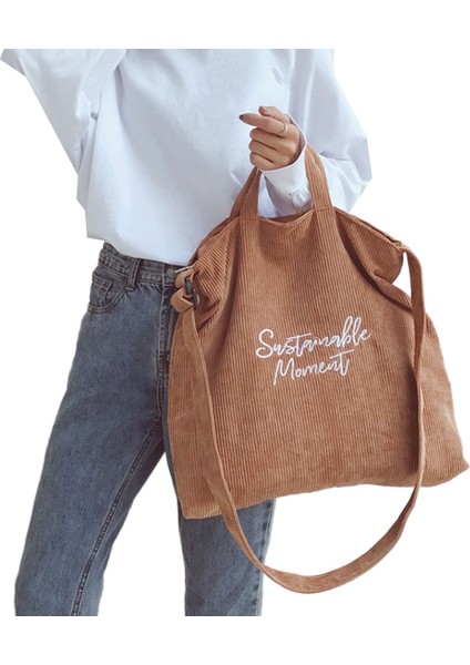 Kadın Kadife Kanvas Rahat Omuz Çantası Alışveriş Crossbody Moda Retro Edebi Nakış Mektup Çanta (Kahverengi) (Yurt Dışından) modelleri