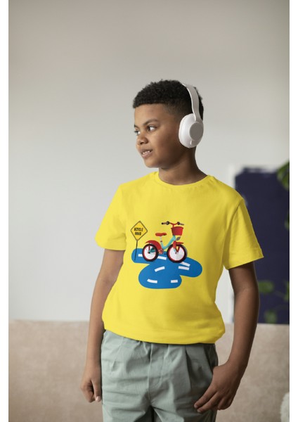Erkek Çocuk Pamuk Bisiklet Baskılı Kısa Kol Tshirt