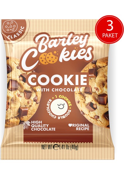 Barley Cookies Parça Çikolatalı Sade Classic Cookies 40G x 3 Paket