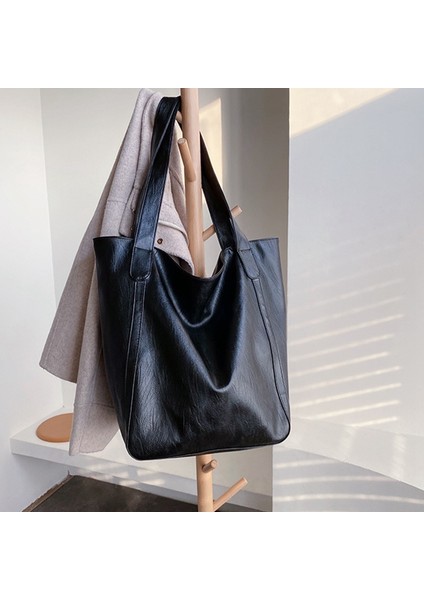 Vahşi Omuz Çantası Yeni Dalga Kore Versiyonu Büyük Kapasiteli Basit Tote Taşınabilir Büyük Çanta (Siyah) (Yurt Dışından) fırsatları