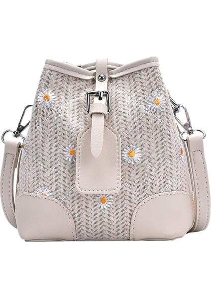 Küçük Papatya Bayan Hasır Kova Çanta Moda Dokuma Omuz Plaj Çantası Rattan Messenger Beyaz (Yurt Dışından)