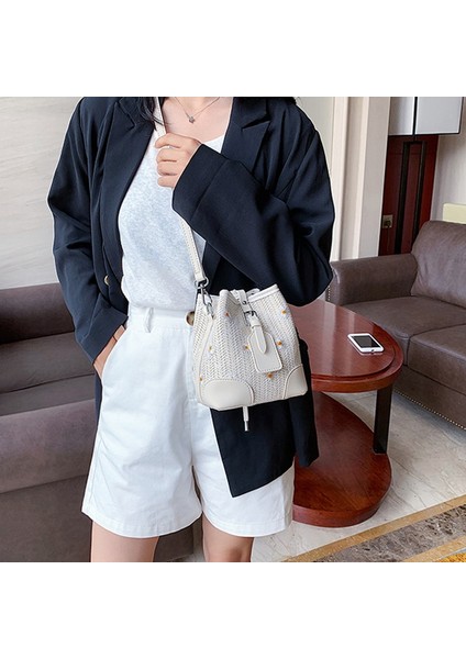 Küçük Papatya Bayan Hasır Kova Çanta Moda Dokuma Omuz Plaj Çantası Rattan Messenger Beyaz (Yurt Dışından) fiyatları