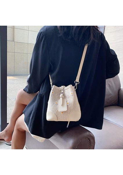 Küçük Papatya Bayan Hasır Kova Çanta Moda Dokuma Omuz Plaj Çantası Rattan Messenger Beyaz (Yurt Dışından) modelleri