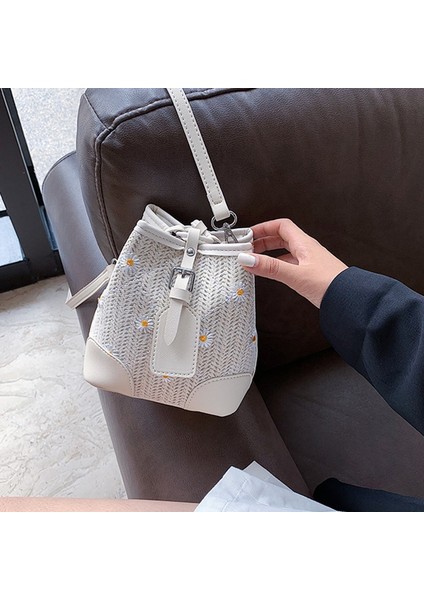 Küçük Papatya Bayan Hasır Kova Çanta Moda Dokuma Omuz Plaj Çantası Rattan Messenger Beyaz (Yurt Dışından) fırsatları