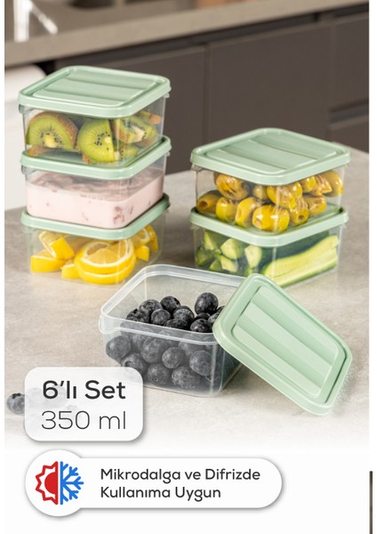 6lı 350 ml Buzdolabı Dondurucu Organizer Mikrodalga ve Difrize Uygun Saklama Kabı Mint