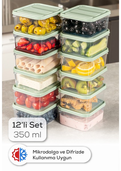 12LI 350 ml Buzdolabı Dondurucu Organizer Mikrodalga ve Difrize Uygun Saklama Kabı Mint