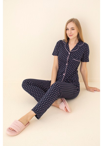 Lacivert Puantiyeli Viskon Pamuklu Biyeli Alt-Üst Pijama Takımı fiyatları