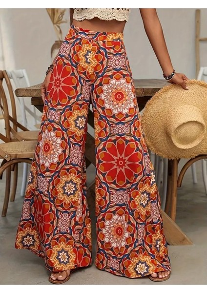 Kadın Yüksek Bel Geniş Paçalı Çiçek Baskılı Süprem Pantolon fiyatları