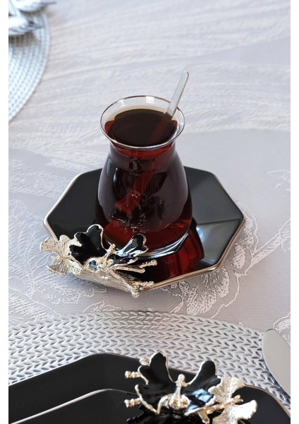 Dolmabahçe Sekizgen Siyah Platin Yaldızlı 12 Parça 6 Kişilik Cam Çay Takımı