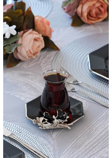 Dolmabahçe Sekizgen Siyah Platin Yaldızlı 12 Parça 6 Kişilik Cam Çay Takımı