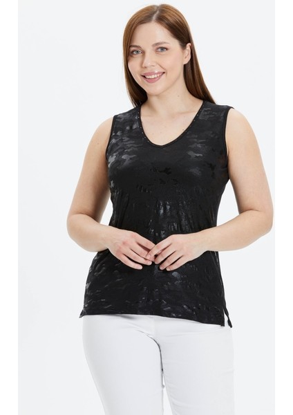 Büyük Beden Önü Desenli V Yaka Kolsuz Penye Bluz