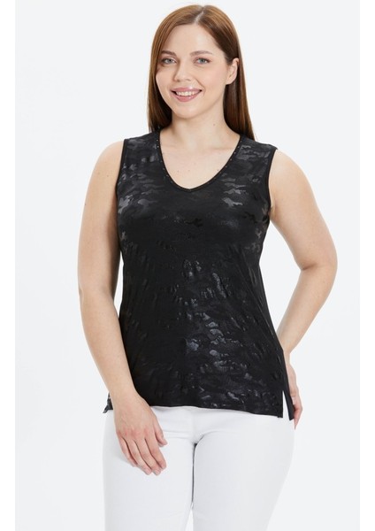 Büyük Beden Önü Desenli V Yaka Kolsuz Penye Bluz fiyatları