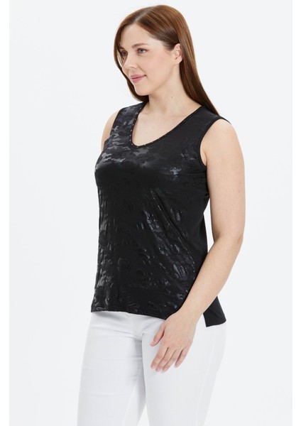 Büyük Beden Önü Desenli V Yaka Kolsuz Penye Bluz modelleri