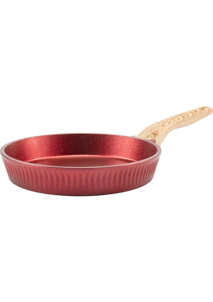 Premium Bio Granit Alüminyum Döküm Nisch Tava (Metalik Kırmızı-Açık Ahşap Kulp)