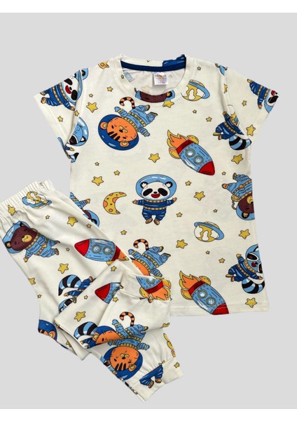 Elmas Kids Erkek Çocuk %100 Pamuklu Astronot Hayvanlar Desenli Kısa Kollu Yazlık Pijama Takımı