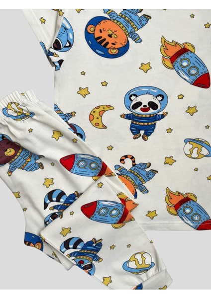 Elmas Kids Erkek Çocuk %100 Pamuklu Astronot Hayvanlar Desenli Kısa Kollu Yazlık Pijama Takımı