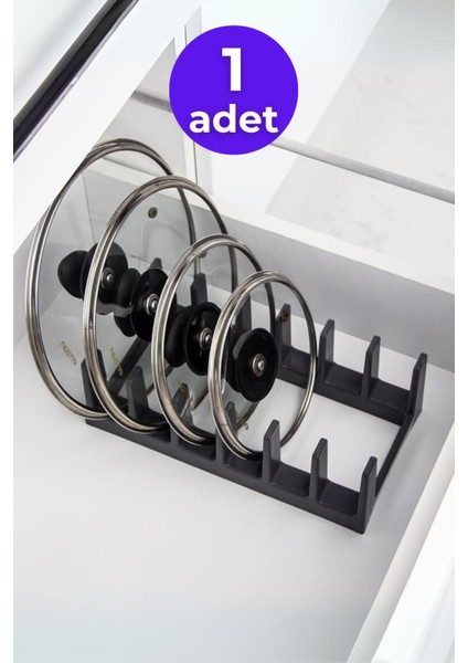 1 Adet Çok Amaçlı Tabak Tava Tencere Kapağı Düzenleyici-Plastik Çekmece Dolap İçi Düzenleyici Gri