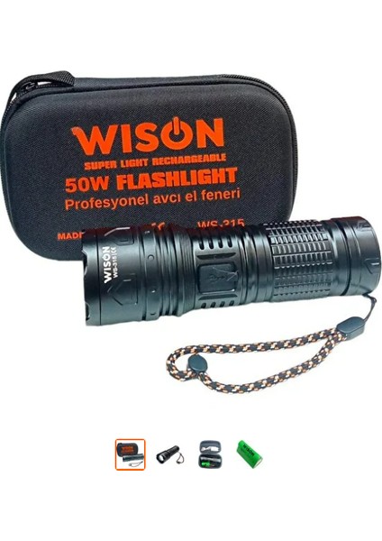 WS-315 Profesyonel Şarjlı Avcı El Feneri 50 Watt 9800 Mah Pil, Ultra Güçlü Metal El Feneri