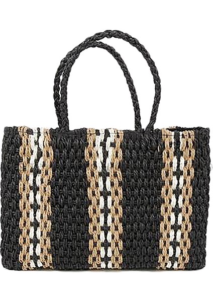 Yeni Taşınabilir Kare Şerit Hasır Çanta Moda Büyük Kapasiteli Dokuma Omuz Çantaları Tek Plaj Kadın Büyük Çanta (Yurt Dışından)