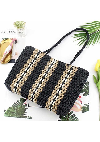 Yeni Taşınabilir Kare Şerit Hasır Çanta Moda Büyük Kapasiteli Dokuma Omuz Çantaları Tek Plaj Kadın Büyük Çanta (Yurt Dışından) modelleri