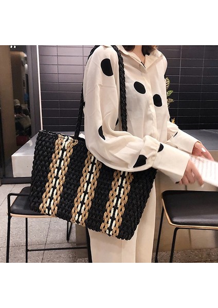 Yeni Taşınabilir Kare Şerit Hasır Çanta Moda Büyük Kapasiteli Dokuma Omuz Çantaları Tek Plaj Kadın Büyük Çanta (Yurt Dışından) fırsatları