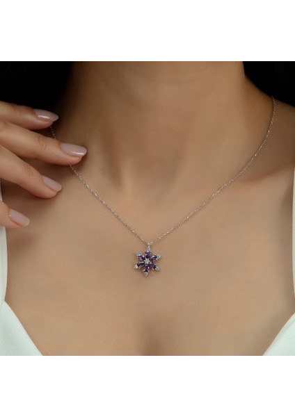 Usho Jewelry Pırlanta Modeli Mor Taş Lotus Kolye 925 Ayar Gümüş