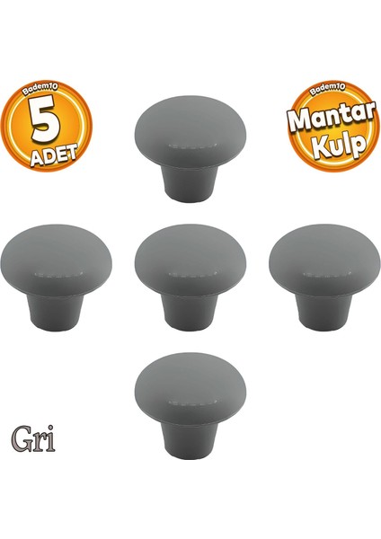 Mantar Düğme Sert Plastik Kulp Gri Dolap Mobilya Mutfak Dolabı Çekmece Kapak Kulbu 5 Adet