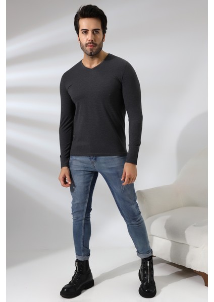 Compact Penye Likralı Slim Fit Uzun Kol V Yaka T-Shirt 19648 Koyu Antrasitmelanj