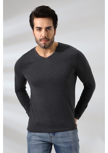 Compact Penye Likralı Slim Fit Uzun Kol V Yaka T-Shirt 19648 Koyu Antrasitmelanj modelleri