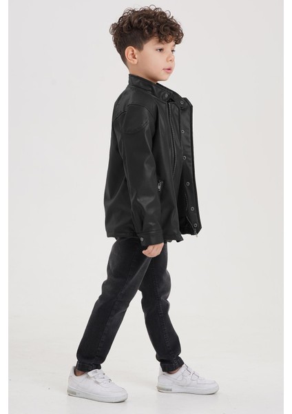 Çıtçıt Süslemeli Fermuarlı Astarlı Erkek Çocuk Deri Ceket