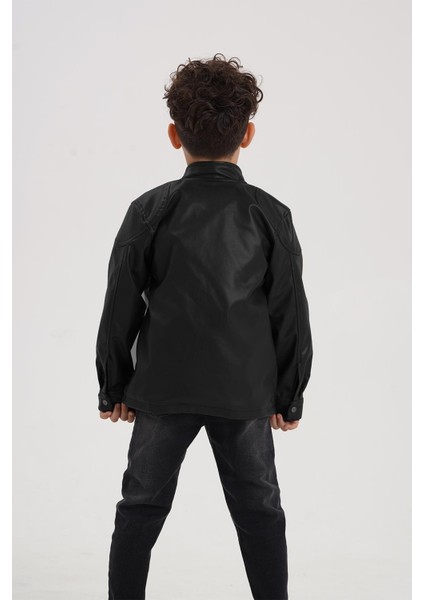 Çıtçıt Süslemeli Fermuarlı Astarlı Erkek Çocuk Deri Ceket modelleri