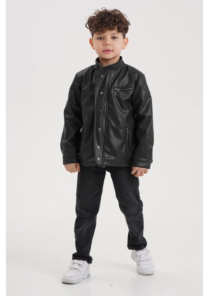 Çıtçıt Süslemeli Fermuarlı Astarlı Erkek Çocuk Deri Ceket fırsatları