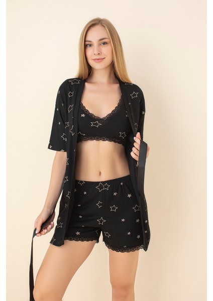 3'lü Yıldız Desenli Siyah Viskon Pamuk Gecelik Takımı