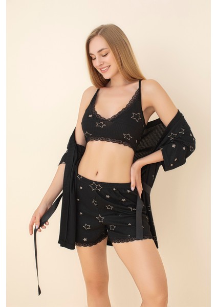 3'lü Yıldız Desenli Siyah Viskon Pamuk Gecelik Takımı fiyatları