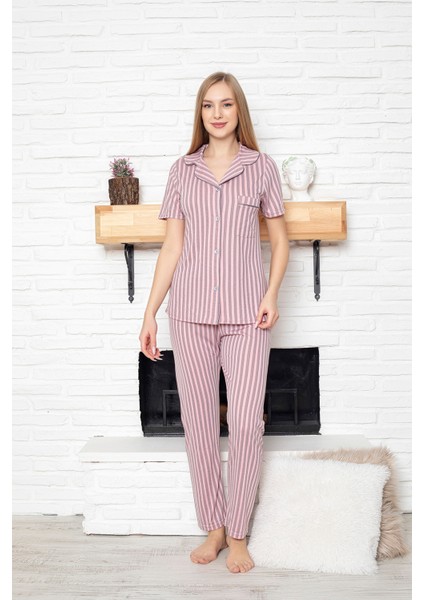 Pembe Çizgili Viskon Pamuklu Biyeli Alt-Üst Pijama Takımı