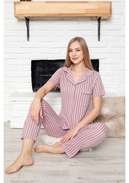 Pembe Çizgili Viskon Pamuklu Biyeli Alt-Üst Pijama Takımı fiyatları