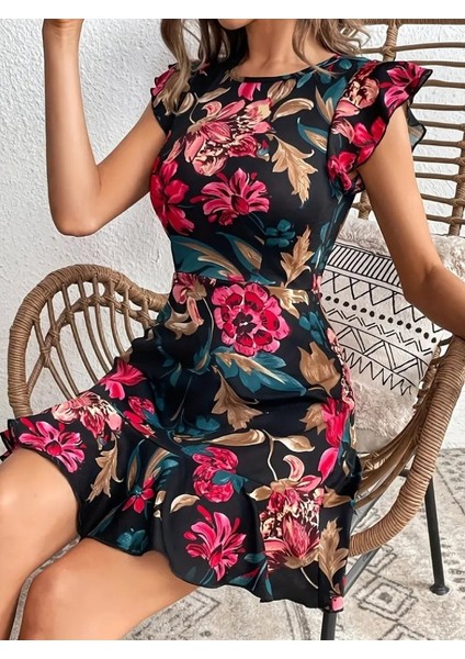 Kadın Kolu ve Eteği Volanlı Çiçek Desen Süprem Elbise