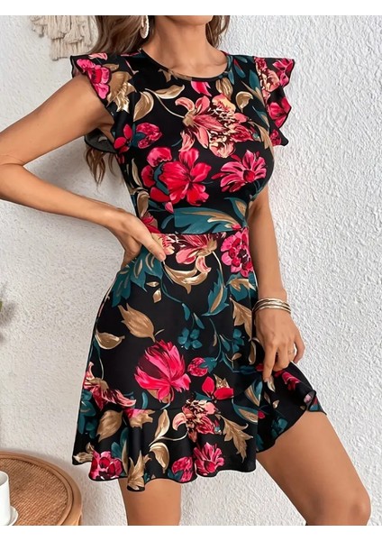 Kadın Kolu ve Eteği Volanlı Çiçek Desen Süprem Elbise modelleri