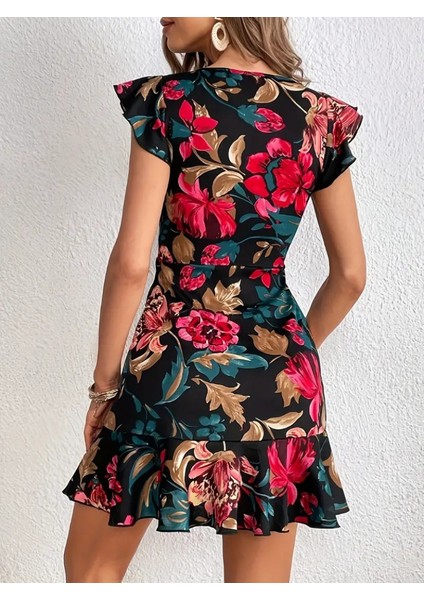 Kadın Kolu ve Eteği Volanlı Çiçek Desen Süprem Elbise fırsatları