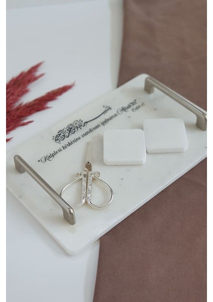 Enfal - Gerçek Ince Mermer Söz/nişan Tepsisi (32X20 Cm) Makas 2 Adet Çıkarılabilir Yüzüklük