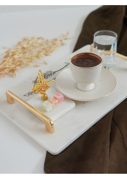 Enfal - Damat Kahvesi Seti Gerçek Ince Mermer Tepsi (32X20CM) + Fincan + Su Bardağı + Tuğra Lokumluk