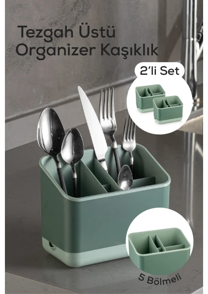 2li 5 Bölmeli Organizer Kaşıklık Tezgah Üstü Kaşık Düzenleyici Yeşil