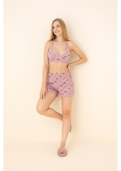 3'lü Kalp Desenli Pembe Viskon Pamuk Gecelik Takımı