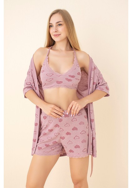 3'lü Kalp Desenli Pembe Viskon Pamuk Gecelik Takımı fiyatları