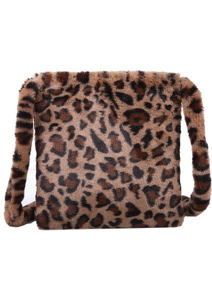 Leopar Baskı Peluş Kadın Omuz Çantası Moda Retro Sıcak Çanta Büyük Kapasiteli Rahat Messenger Kahverengi (Yurt Dışından)