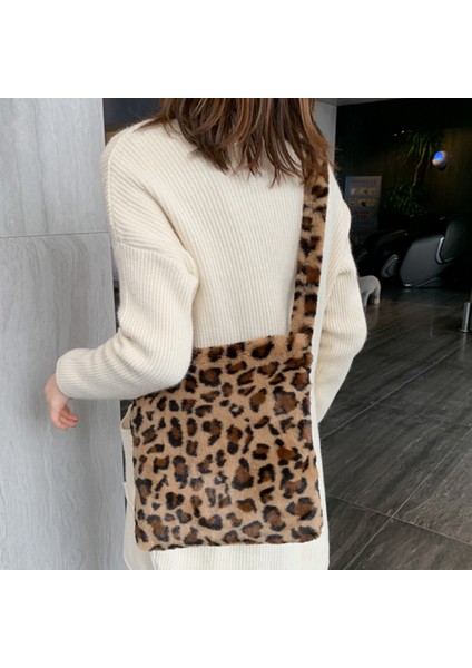 Leopar Baskı Peluş Kadın Omuz Çantası Moda Retro Sıcak Çanta Büyük Kapasiteli Rahat Messenger Kahverengi (Yurt Dışından) modelleri