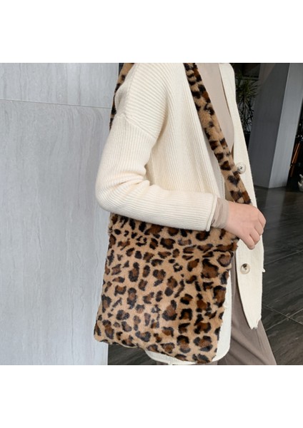 Leopar Baskı Peluş Kadın Omuz Çantası Moda Retro Sıcak Çanta Büyük Kapasiteli Rahat Messenger Kahverengi (Yurt Dışından) fırsatları
